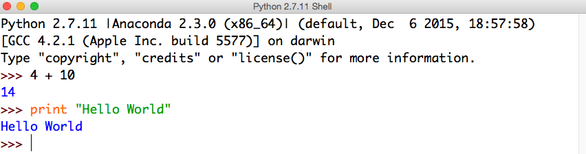 Python shell with print 'Hello World' statement